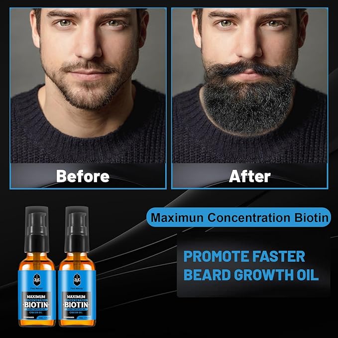 Beard OilMaximun Thickening Biotin with Castor Oil and Argan &amp Jojoba Oils Promotes Beard Growth Styles Strengthens &amp Softens Beards &amp Mustaches1 Ounce*2（2 Pack）