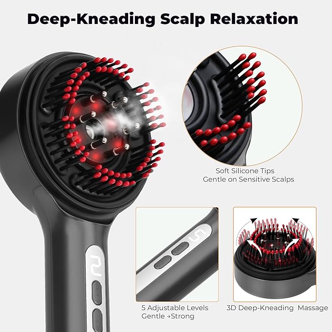 Electric Scalp Massager 5 in 1 Refillable Oil Reservoir and Mist 3 Step At Home Scalp Spa Device 3D Deep Kneading Massage USB C Rechargeable Portable for Home and Travel