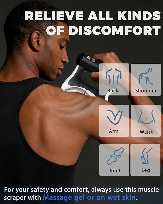 Electric Muscle Scraper Tool with VibrationMassage&amp Heat Portable Gua Sha Massager for Full Body Muscle Recovery Relaxation and Pain Relief (Black-Gel)