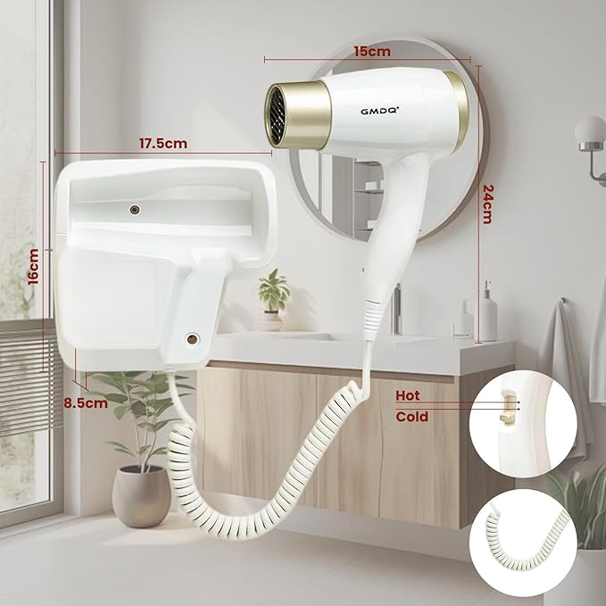 Wall Mounted Hair Dryer for Bathroom - 110V Professional Blow Dryer with Fast Drying Salon Motor Heavy Duty Wall Mount Hairdryer with Stand Rack Includes Screws+Adhesive