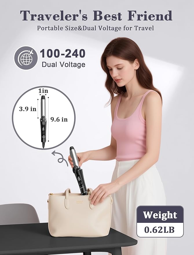 Travel Curling Iron 1 InchDual Voltage Curling Iron 110-240V with European PlugSmall Curling Wand for Women &amp Short Hair 5 Temp Digital Settings Auto-Off Anti-Scald CoverHeat-Resistant pad(G