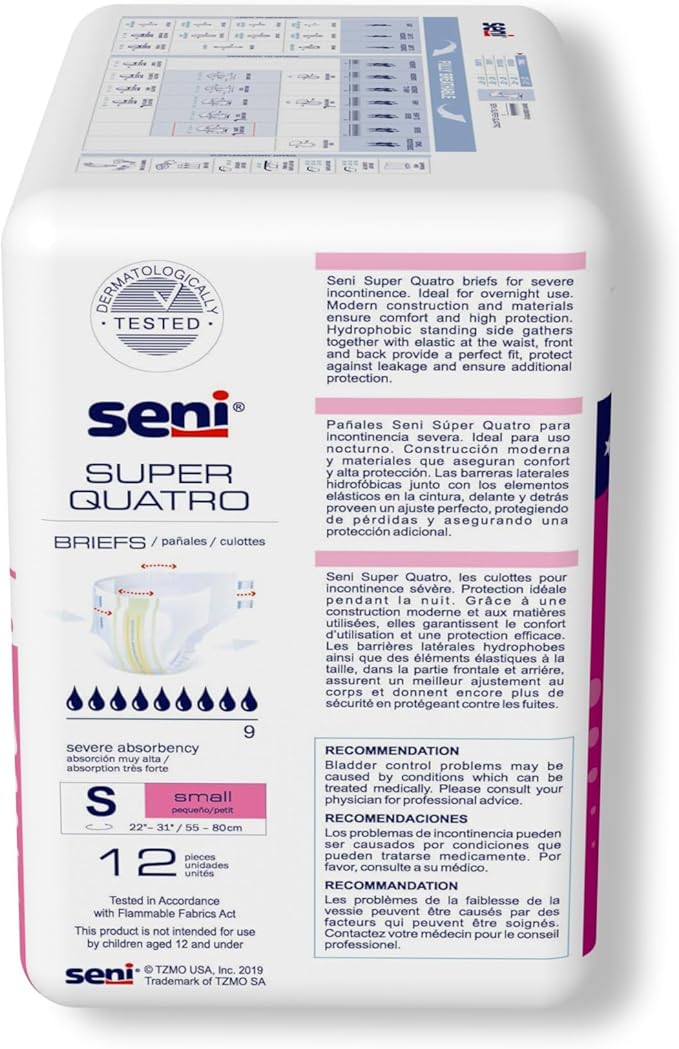 Seni Super Quatro Unisex Adult Incontinence Briefs with Tabs Size Small (22-31) 12 Count (1 Pack of 12) Severe Absorbency Disposable Overnight Briefs for Men &amp Women