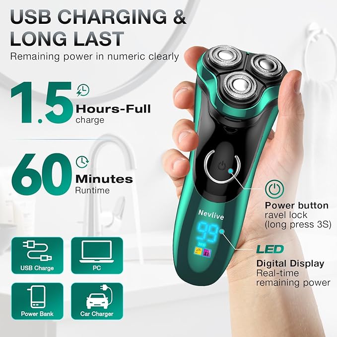 Electric Razor for Men Cordless Rechargeable Rotary Shaver with Pop-Up Trimmer IPX6 Waterproof Wet &amp Dry Electric Razor Includes Charging Stand – Mens Electric Shaver for Face and Travel