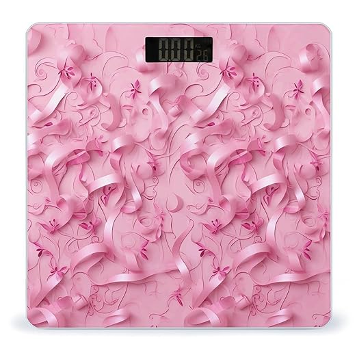 Pink Ribbon Pattern Scale for Body Weight Anti-Slip Tempered Glass Digital Bathroom Scales Clear LCD Display Weighing Scale Safe Rounded Corners Smart Scales