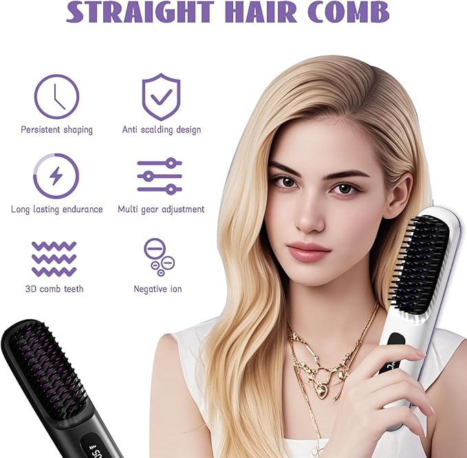 Cordless Hair Straightener Brush 7.8 Mini Hair Straightener with LCD Temperature Display Portable Hair Straightener Comb for Travel Negative Ionic Brush Straighteners for Women (White)