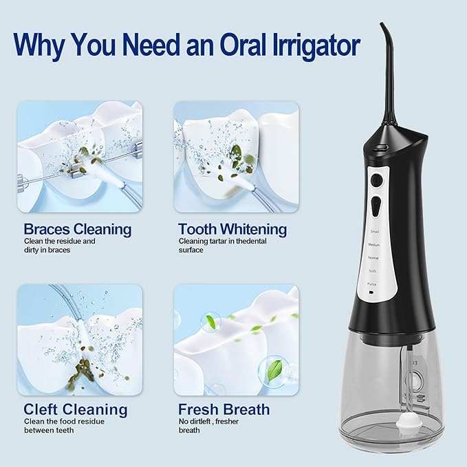 Cordless Water Flosser for Teeth Cleaning 300ML Portable Electric Water Flossers with 5 Modes &amp 6 Jet Tips for Braces Gums Teeth Cleaning IPX7 Waterproof Oral Irrigator for Adults/Kids Black
