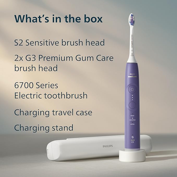 Philips Sonicare 6700 Series Electric Toothbrush - Next-Generation Sonicare Technology Pressure Sensor 9 Brushing Settings SmarTimer BrushPacer 21-Day Runtime Travel Case Purple HX7417/04