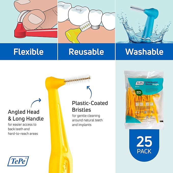 TePe Interdental Brush Angle Angled Dental Brush for Teeth Cleaning Pack of 25 0.7 mm Medium Gaps Yellow Size 4