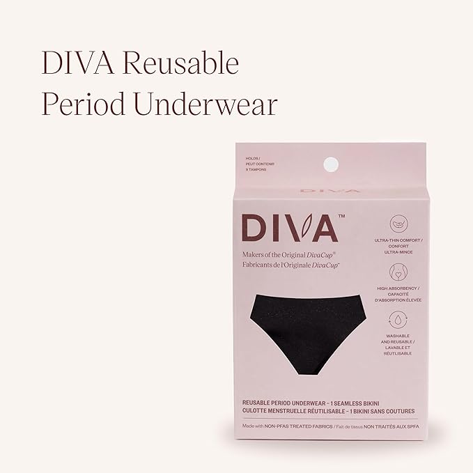 DIVA Reusable Period Underwear - Quick Dry Menstrual Underwear - Period Panties - Seamless Bikini Black