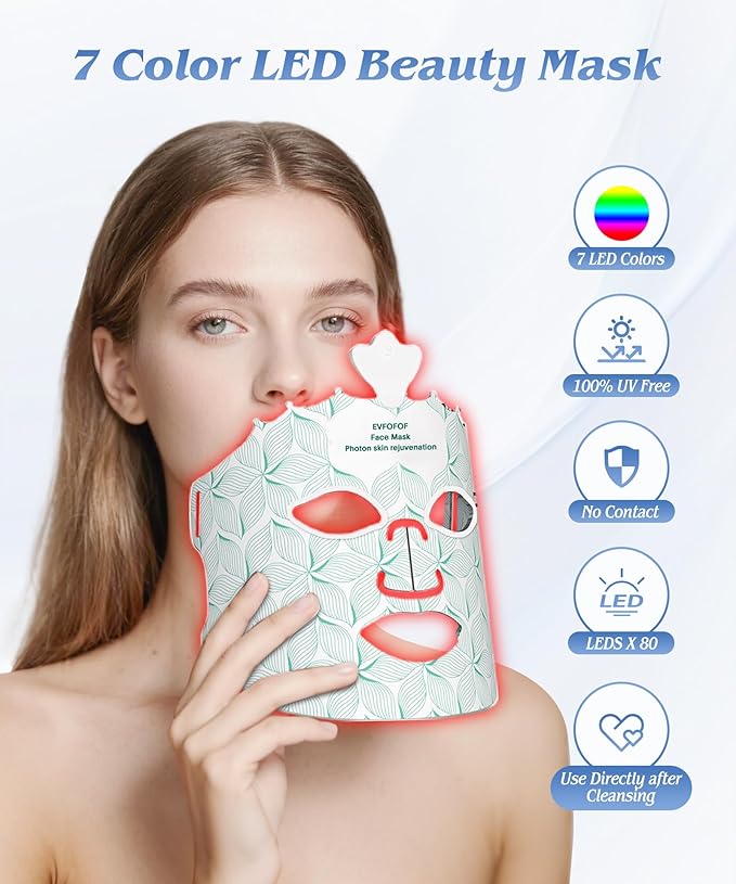 Red Light Therapy for Face Light Therapy Mask for Firming Wrinkles &amp Acne Wireless Red &amp 850nm Infrared Light Silicone Mask 7-Color LED Face Mask Portable for Use at Home &amp Travel Gre