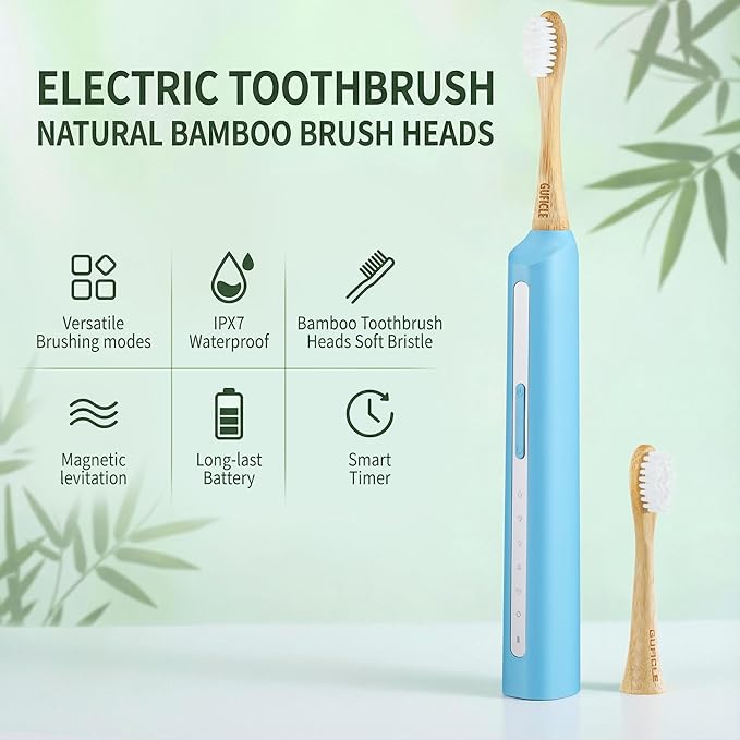 Bamboo Electric Toothbrush丨Rechargeable Electric Toothbrush with 4 Bamboo Heads Soft Castor Oil Bristles5 Moedes&amp3 Intensities 45 Days Battery Life IPX7 Waterproof-Light Blue