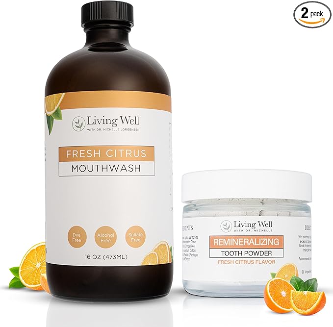 Fresh Citrus Tooth Powder and Mouthwash Bundle Fluoride-Free Hydroxyapatite Oral Care for Kids and Adults Remineralizing Enamel Support Natural Dentist-Developed Formula