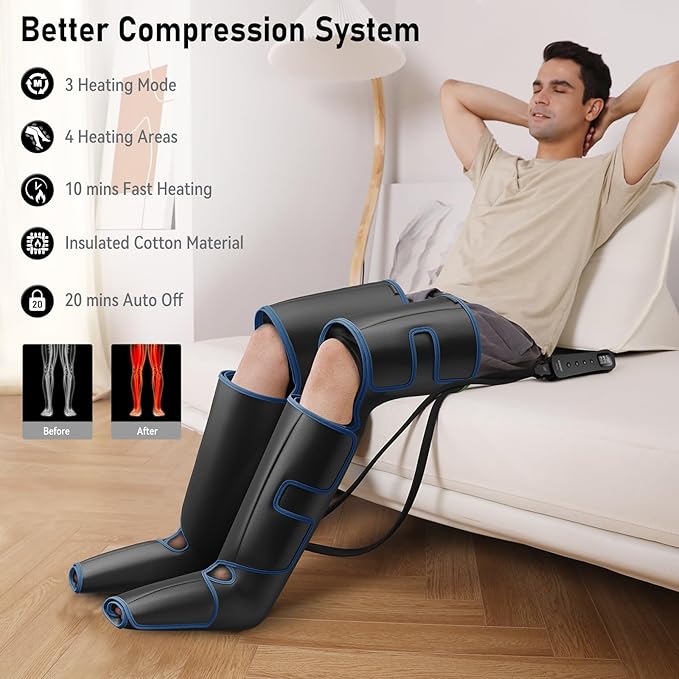 QUINEAR Leg Massager for Circulation and Pain Relief Full Leg Compression Massager with Heat 2 Extender 3Heat 3Mode 3Intensity Sequential Compression Boots for Cramps Edema SwellingFSA-HSA Eligible