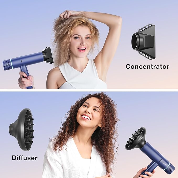 Ionic Hair Dryer with Diffuser and Concentrator Professional Lightweight Quiet Blow Dryer Powerful 1600 Watt Motor for Fast Drying and Straight &amp Wavy Hair 3 Temps/2 Speeds 6.56 Ft Cord Blue