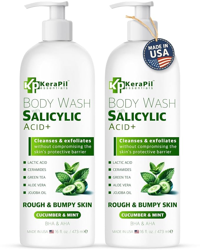Exfoliating Body Wash with Salicylic Acid - No Dry Out Gentle Exfoliates Rough and Bumpy Skin Body Acne Wash BHA &amp AHA - Cucumber and Mint Salicylic Acid Body Wash - (16 fl oz x 2)