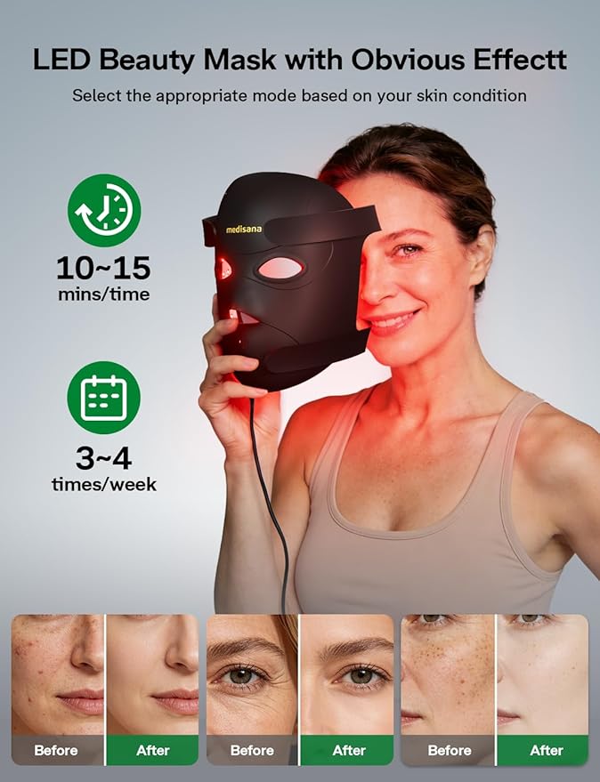 Medisana 3D Red Light Therapy Mask for Face 336 LEDs Light Therapy Mask with 3 Modes - NIR 830nm Red 630nm Blue 415nm - Cordless &amp Rechargeable LED Face Mask for Home Skincare Gifts for Women