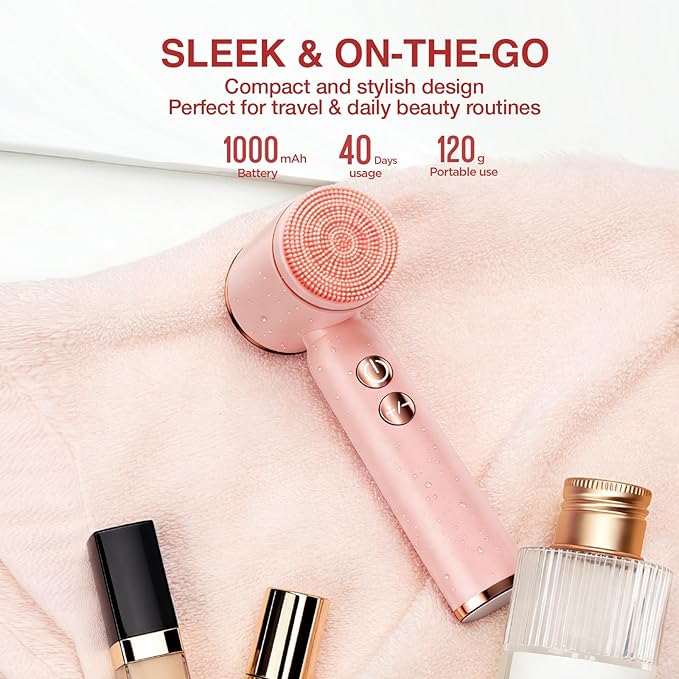 Electric Face Scrubber with Led Display &amp Facial Cleansing Brush - 6-in-1 Exfoliating Kit 3 Speeds IPX6 Waterproof Face Brush for Deep Cleaning Massage &amp Gentle Exfoliation-Pink