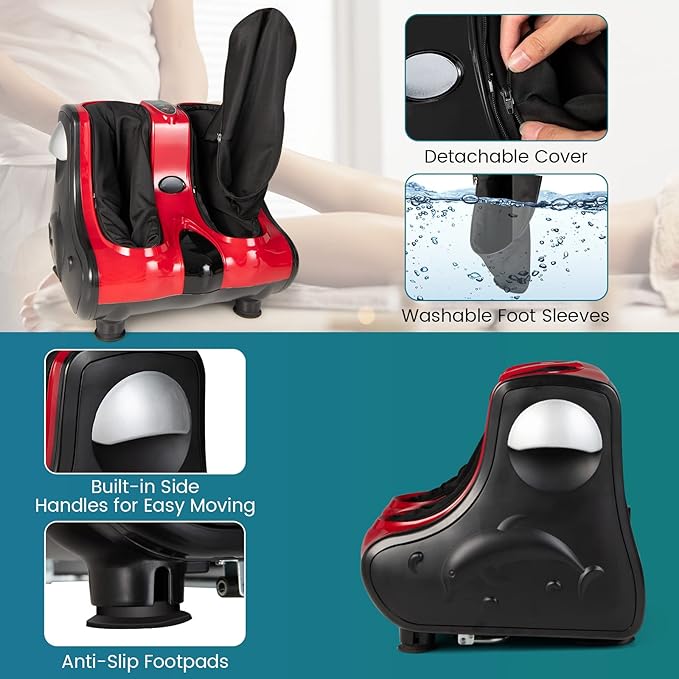 MEDIMALL Foot and Calf Massager Electric Foot Massager with Smooth Heating &amp Vibrate Function Adjustable Tilt and Washable Sleeves Perfect for Relaxation and Pain Relief up to US Size 9.5 (Red