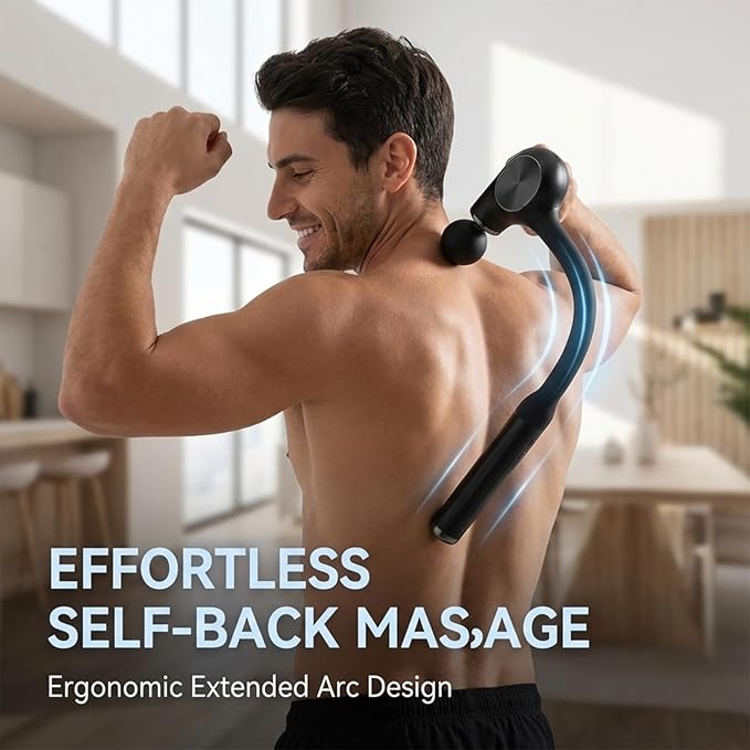 Deep Tissue Percussion Massage Gun with 12mm Penetration and 5-Speed Levels - 4 Heads and Extension Handle for Back Muscle &amp Neck/Shoulder Pain Relief - Lightweight Portable for Home Gym