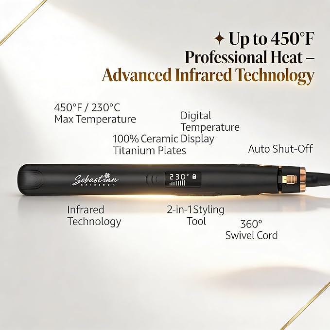 Flat Iron Hair Straightener and Curler 2-in-1 – Ceramic &amp Titanium Slim Plates – Dual Voltage – Professional Anti-Frizz Styling Tool – Sebastian Hair Iron