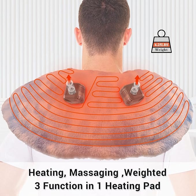 Heating Pad with Massager for Upper Back and ShoulderLarge Massage Heated Wrap for Back Pain Relief12 Percussion Massage Mode 3 in 1 Weighted Massage Electric Heated Pad