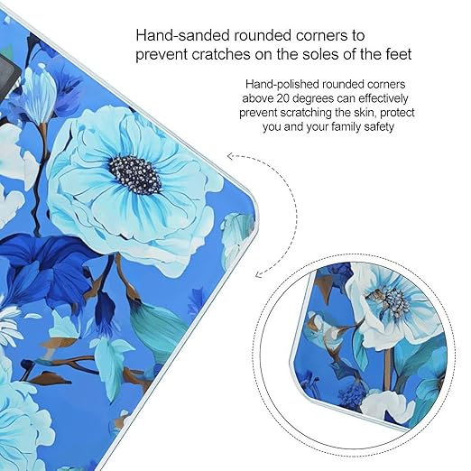 Blue Floral Scale for Body Weight Anti-Slip Tempered Glass Digital Bathroom Scales Clear LCD Display Weighing Scale Safe Rounded Corners Smart Scales