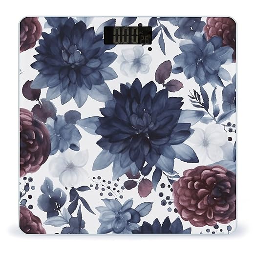 Watercolor Dark Blue Pattern Scale for Body Weight Anti-Slip Tempered Glass Digital Bathroom Scales Clear LCD Display Weighing Scale Safe Rounded Corners Smart Scales