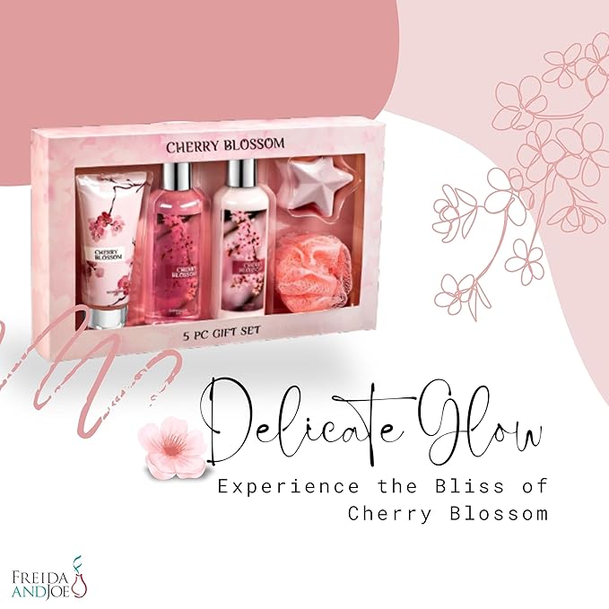 Fragrance Bath &amp Body Collection Gift Box Includes Shower Gel Body Lotion Body Scrub Bath Bomb &amp Sponge (Cherry Blossom) – Mother's Day Gift for Mom