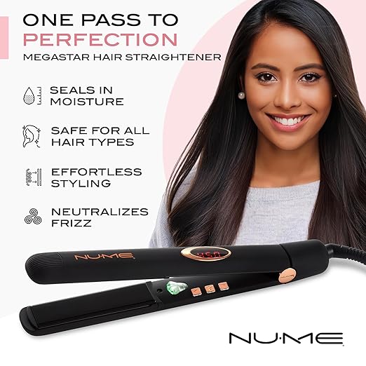 NuMe Megastar Hair Straightener Tourmaline Flat Iron–1 Inch Floating Plates with Negative Ion Booster Infrared Light Strip Ideal for All Hair Types – Ultra-Smooth and Shiny Results