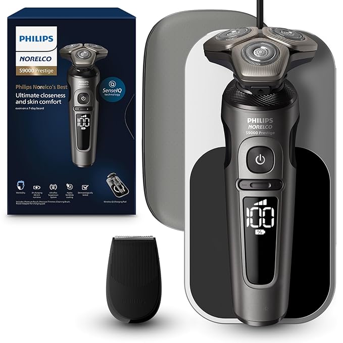 Philips Norelco S9000 Prestige Electric Shaver with Qi-Charger Precision Trimmer and Premium Case SP9872/86