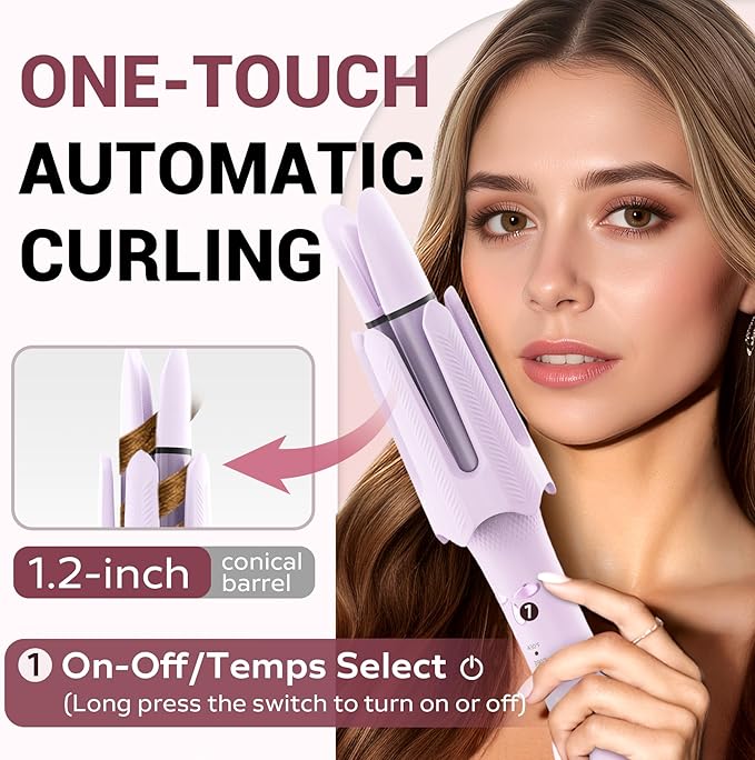 Auto Rotating Hair Curler - 4 Temperature and Timer Settings Automatic Curling Iron with Automatic Shut-Off Anti-Tangle and Scalding Curling Wand for Long Lasting Curls (Purple)