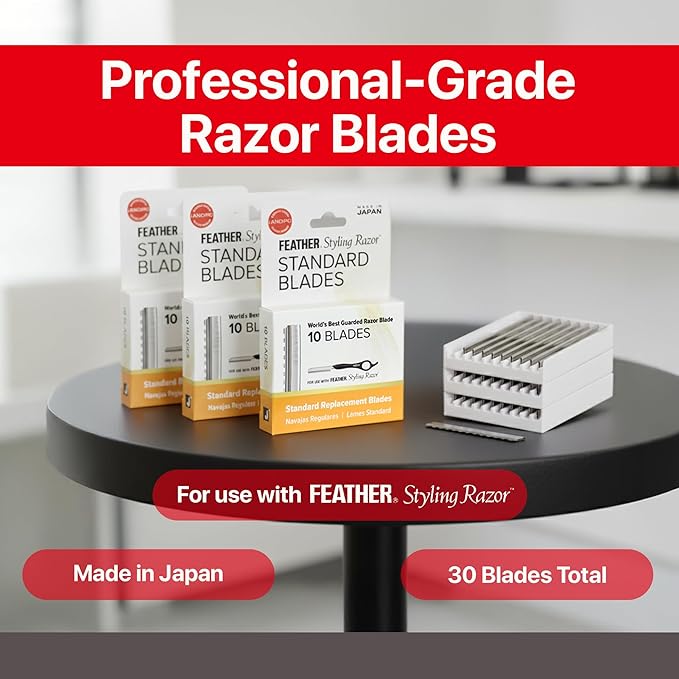 Feather Styling Razor Standard Blades - Professional Hair Cutting Blades for Styling Shaping Feathering &amp Thinning - Stainless Steel Single Edge Guarded Blade - Made in Japan - Refill Pack - 30