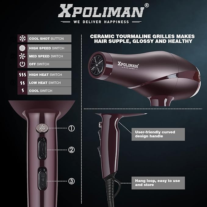 Xpoliman 2000 Watt Hair Dryer Negative Ionic Blow Dryer with Diffuser Concentrator Comb 2 Speed 3 Heat Settings Low Noise Long Life Style-Brown/Purple