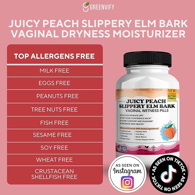 Juicy Peach Slippery Elm Bark Vaginal Dryness Moisturizer Feminine Care for Women End Vaginal Dryness with Slippery Elm Bark | Feminine Care for Vaginal Health Made in USA 180 Cap
