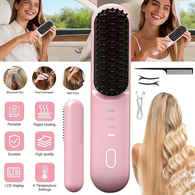 Go Brush Pro for Short Hair30s Fast Heating Cordless Straightening Brush with 4000mAh Battery4 Adjustable Temperature Ionic Hair BrushUSB-C Charging for Travel Home (Pink)