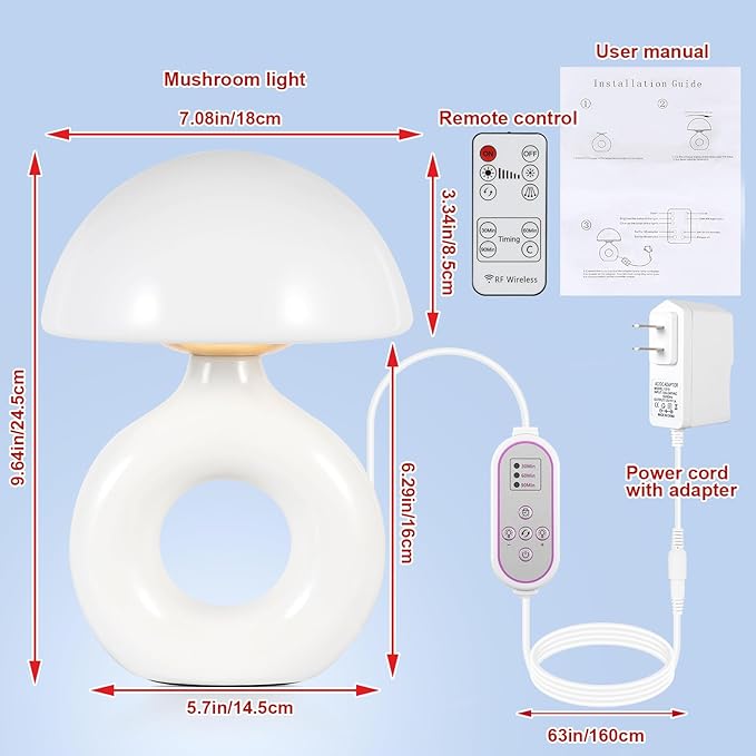 Mushroom Red Light Lamp for Sleep 670nm Deep Sleep Red Night Light - 4 Color and 5 Dimmable Remote Control with 30-90min Timer Bedroom LED Nightstand Lamp Glass Shade White Ceramic Base