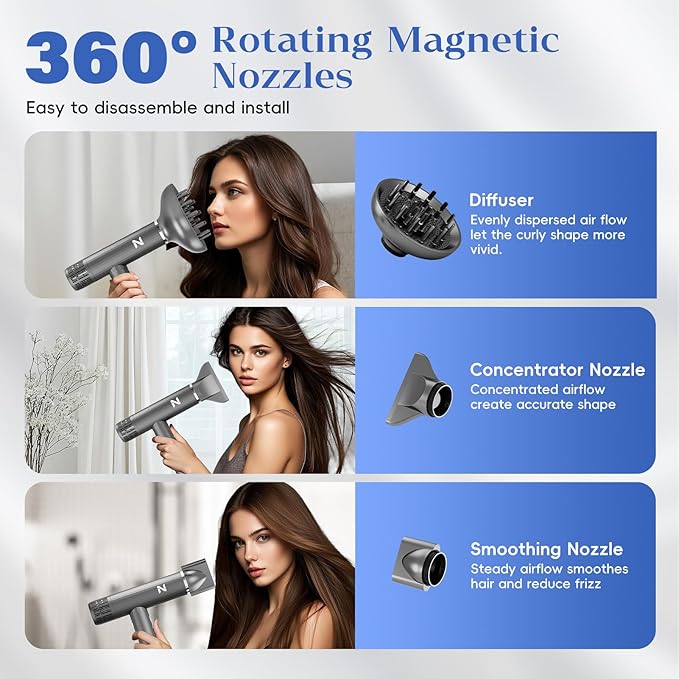 1600W professional ionic hair dryer with 3 attachments 110000RPM high-speed brushless motor for fast drying Lightweight low-noise with locking function 4 temperature and 3 speed settings