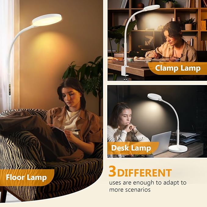 Light Therapy Lamp 3 in 1 Therapy Floor Lighting 11000 Lux Full Spectrum Therapy Lamps UV-Free LED Sunlight 10 Brightness/5 Color/Gooseneck/Height Adjustable Timer Control White