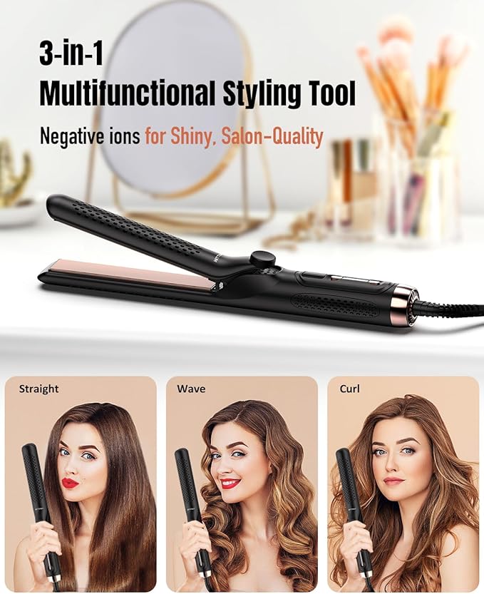 RACCOMB Salon 2 in 1 Curling Iron 1.25 Inch Hair Straightener and Curler 360° Airflow Styler Ionic Ceramic Hair Wand Dual Voltage Black