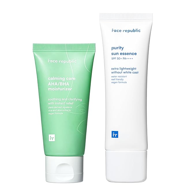 Face Republic Soothe &amp Protect - Calming Care AHA/BHA Moisturizer + Purity Sun Essence | SPF 50+ Broad Spectrum UV Sunscreen | Vegan Korean Skin care