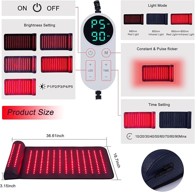 Infrared Red Light Therapy Red Light Therapy Mat with Neck Support 660nm&amp850nm NIR Deep Wavelength Blanket Pad for Back Belly Knee Shoulder HIPS Body Pain Relief