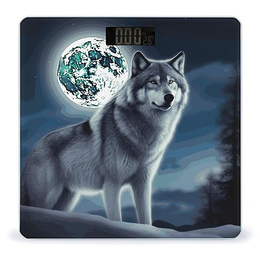Wolf Under Moon Weight Scale Large Bathroom Scales Digital Weight with Bright LED Display Non Slip Automatic Weighing Scale Fashion Weighing Machine for Body