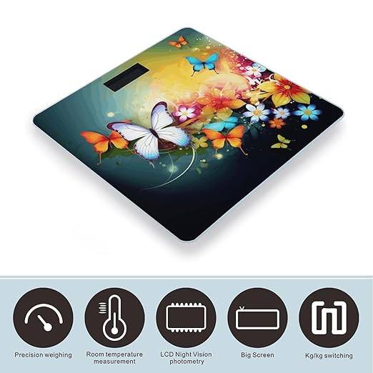 Colorful with Butterfly Scale for Body Weight Safe Rounded Corners Tempered Glass Digital Bathroom Scale LED Display 400lb Capacity Weight Scales with High Precision Sensors