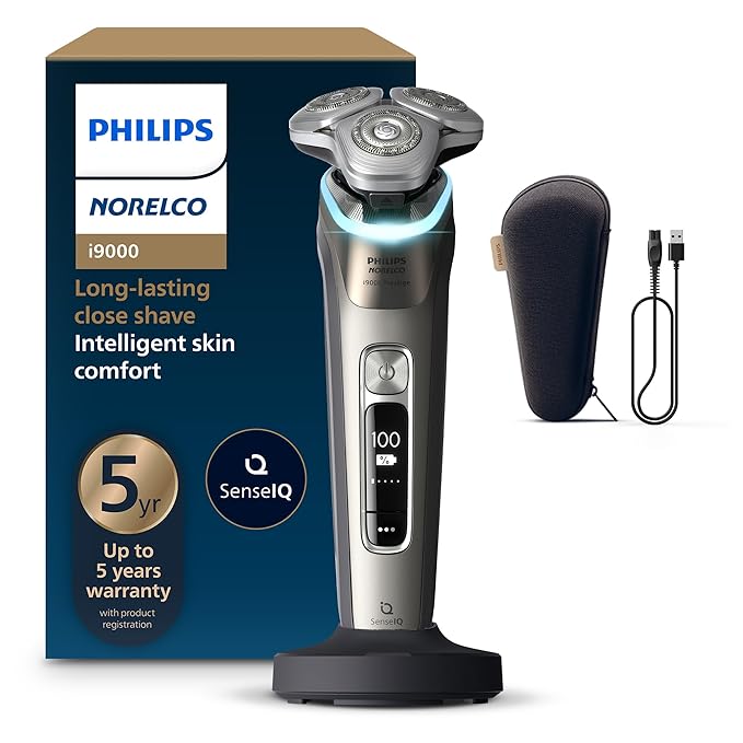 Philips Norelco Shaver i9000 Prestige - Wet &amp Dry Electric Shaver Gold Oyster Sense IQ Technology Triple Lift &amp Cut System 360 Rotating Dual SteelPrecision Blades Quick Clean Pod Model X