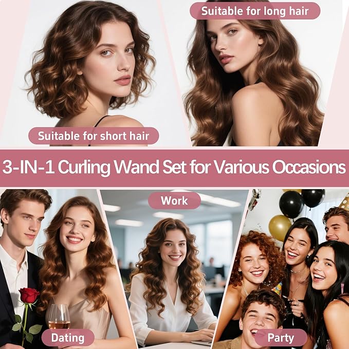 Wand Curling Iron Set 3 in 1 Curling Iron with Interchangeable Barrels (0.35 1 1.25) for Versatile Curls Fast Heating Curling Wand Hair Waver Crimper Hair Tool Ideal for Gifts