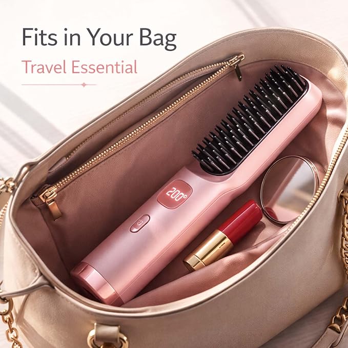 Portable Straightener Brush for Short Hair2026 New Cordless Hair Straightener Brush4 Temperature SettingsCeramic Care Fast Heating Hair Comb Styling Tool for Women Home Use (Pink)