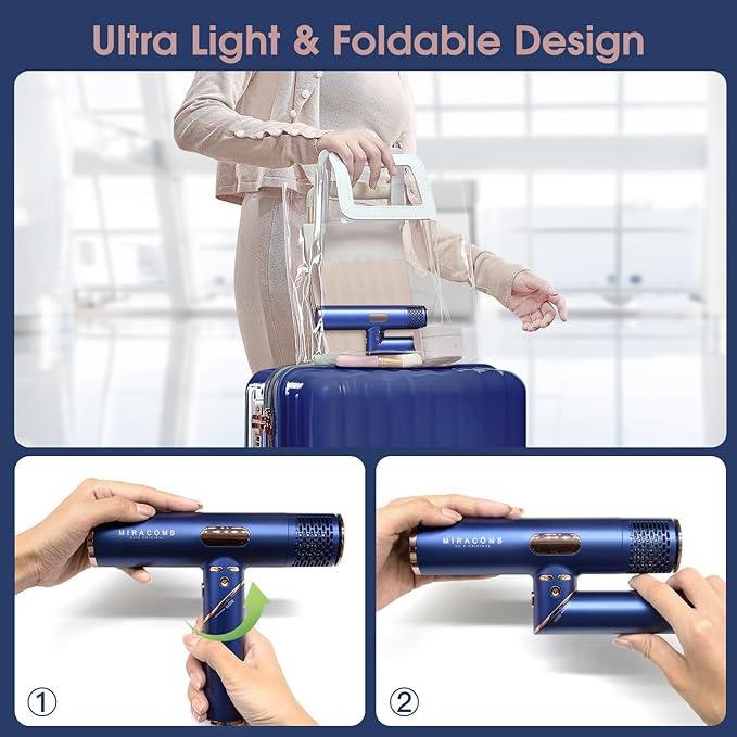 MIRACOMB Foldable Travel Hair Dryer Powerful Ionic Blow Dryer Pro with Brushless Motor for Fast Drying Lightweight Portable Hairdryer for Women/Men Digital Heat/Speed Settings with 2 Nozzles