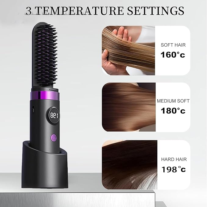 2026 New Cordless Hair Straightener Brush Portable Rechargeable Straightening Comb with LCD Display 3 Temperature Settings Fast Heating Anti-Frizz Hair USB Rechargeable Travel Hair Brus（Black）
