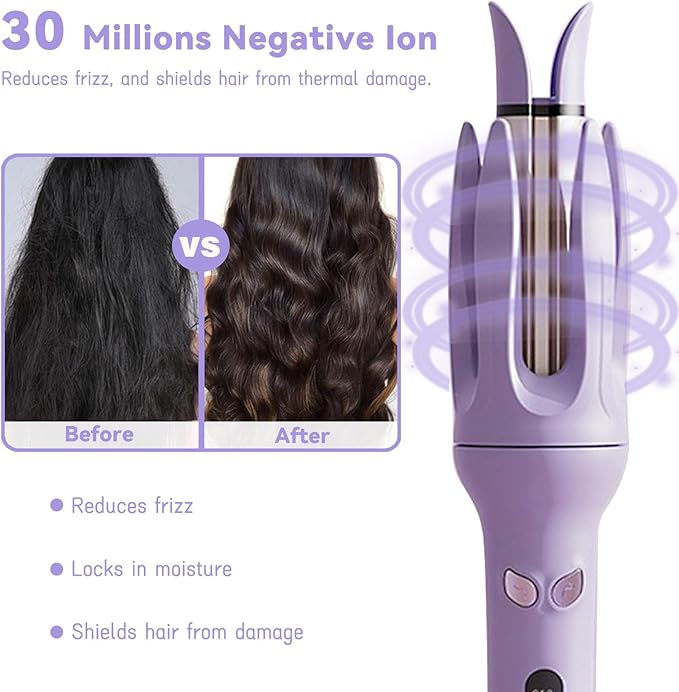 Automatic Curling Iron Rotating Curling Iron with 4 Temps &amp Display Screen 40S Fast Heating Hair Curlings Wand Anti-Tangle Anti-Scald Wave Curling Irons Ceramic Hair Curler for Women (Purple)