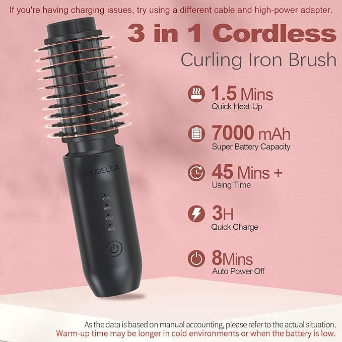 Youbella Cordless Hair Curling Iron Brush Mini Travel Hot Straightener Comb 3-In-1 Portable Wave Curling Wand 1.5″ Ionic Heated Brush USB Rechargeable Hair Curler All Black –No Automatic Rotation